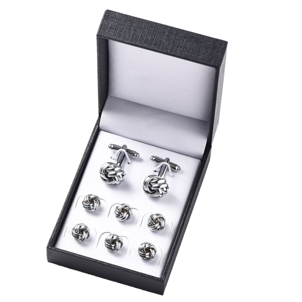 Coffret élégant de boutons de manchette argentés style nœud avec 6 clous de chemise assortis