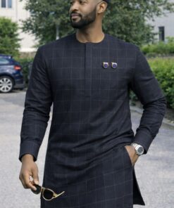 Tissu Gris Carreaux Haut de Gamme (3 mètres) + Boutons de Manchette – Style Moderne et Élégant