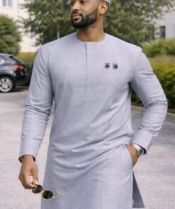 Tissu Homme Gris Élégant – 3 mètres + Boutons de Manchette