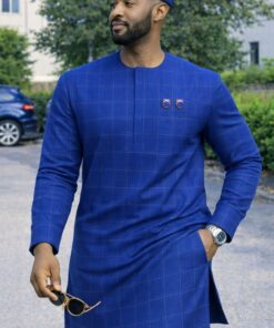 Tissu Homme Bleu Élégant à Motifs Discrets – 3 mètres + Boutons de Manchette