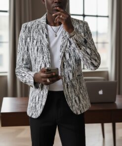 Blazer Homme Premium Blanc Motif Artistique – Style Chic Moderne