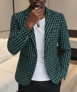 Blazer Homme Premium Vert Motif Pied-de-Poules – Style Chic Moderne