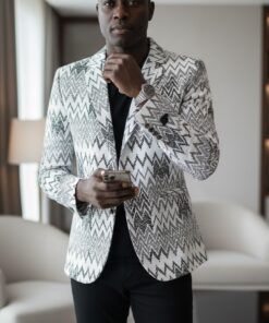 Blazer Homme Premium Blanc Motif Graphique – Style Chic Moderne
