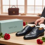 les deux chaussures à coté d'un carton MPCash des roses posé quelque part