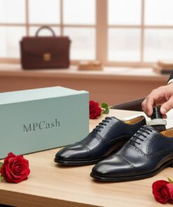 les deux chaussures à coté d'un carton MPCash des roses posé quelque part