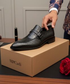 Mocassin Homme Luxe Noir Boucle – Effet Croco Prestige
