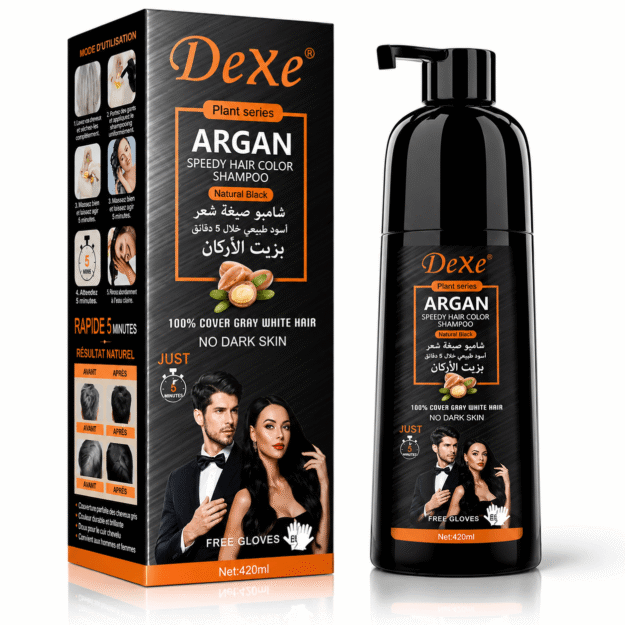 Shampoing Colorant Dexe Argan Noir Naturel 420 ml – Couvre les Cheveux Blancs en 5 Minutes